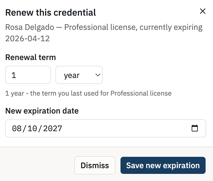 The page a renewal link opens, with the credential named, a field for the new expiration date, and a save button. Nobody is asked to sign in.